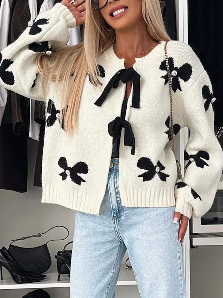 Women s Autumn Sweater Cardigan Long Sleeve O Neck Bow Print Tie Front Knitwear