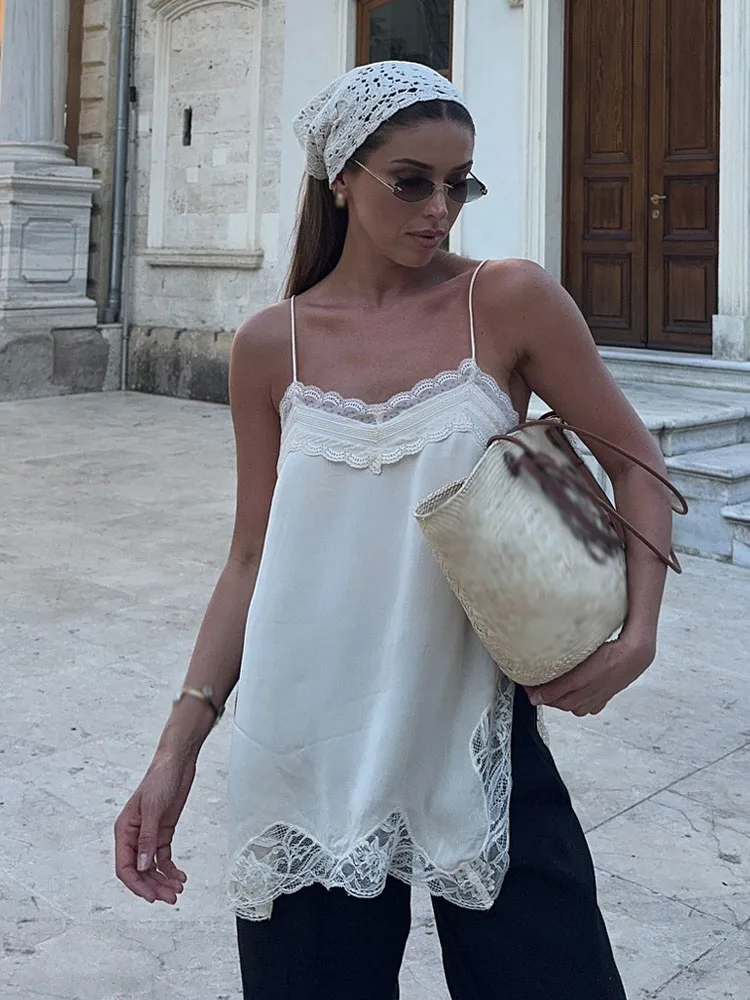

HH Female Summer Beach Vocation V-neck Lace Spliced Split Sling Top Women Elegant Sexy Backless Party Casual Camisole Top