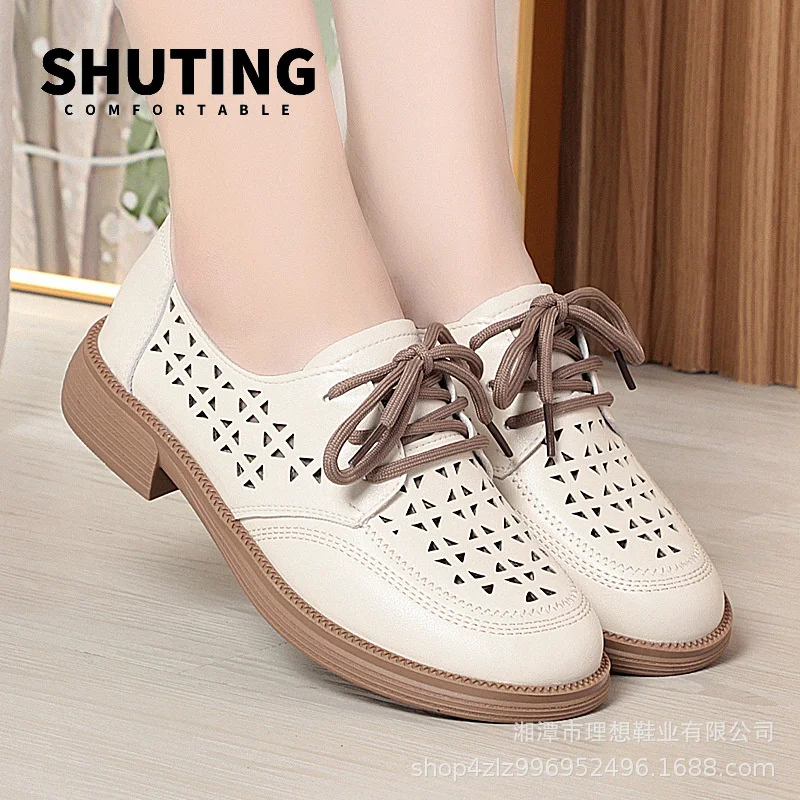 Spring Summer Breathable Soft Leather Hollow Single Shoes Women 2024 Round Toe Lace up Platform Oxfords for Office Mom