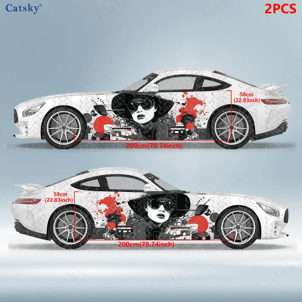 2pcs Female silhouette, cassette, record player, splash ink texture sticker, suitable for cars and trucks, durable, fade resista