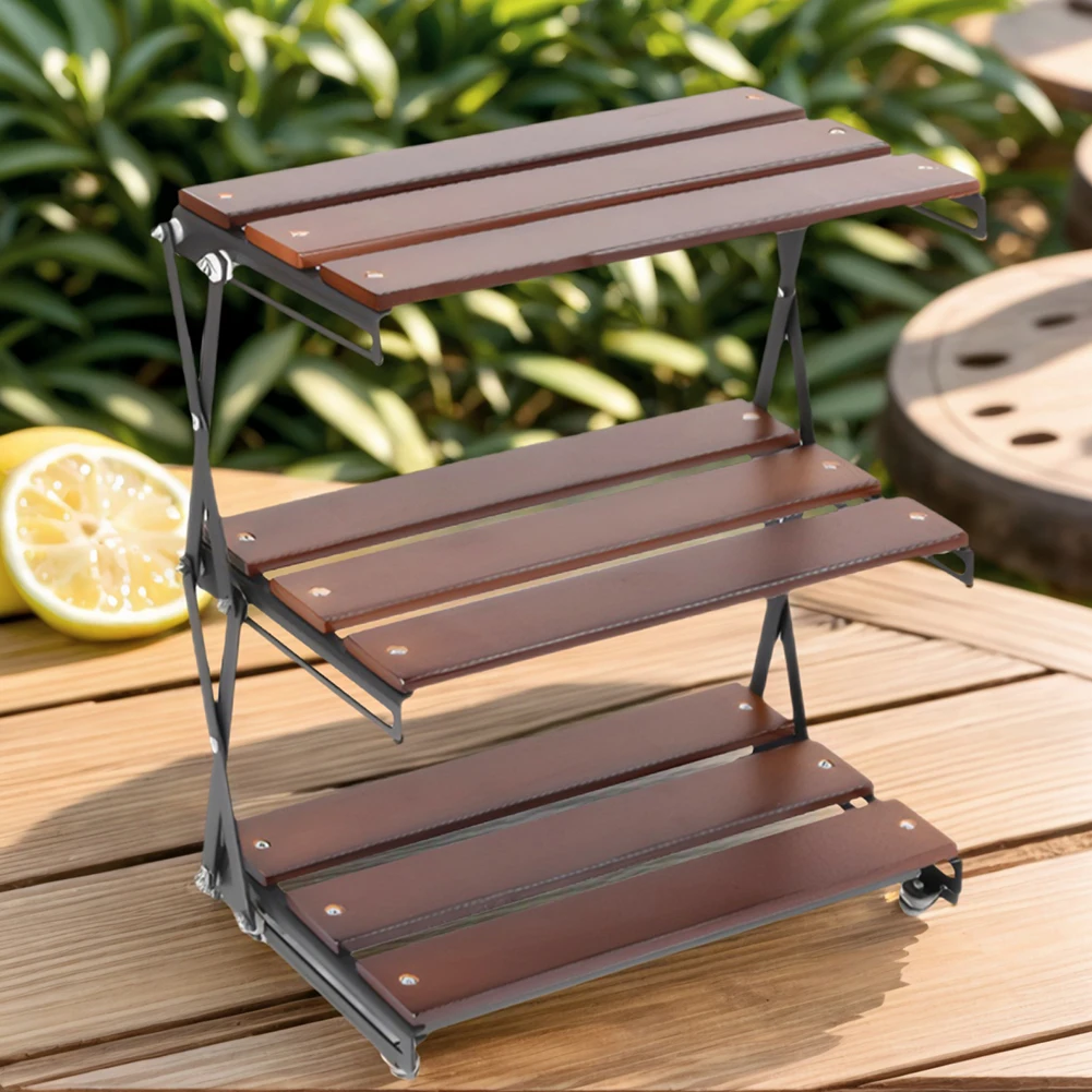 

3-Tier Foldable Wooden Camping Shelf with Metal Frame Outdoor Camping Rack Folding Camping Table Camping Accessories