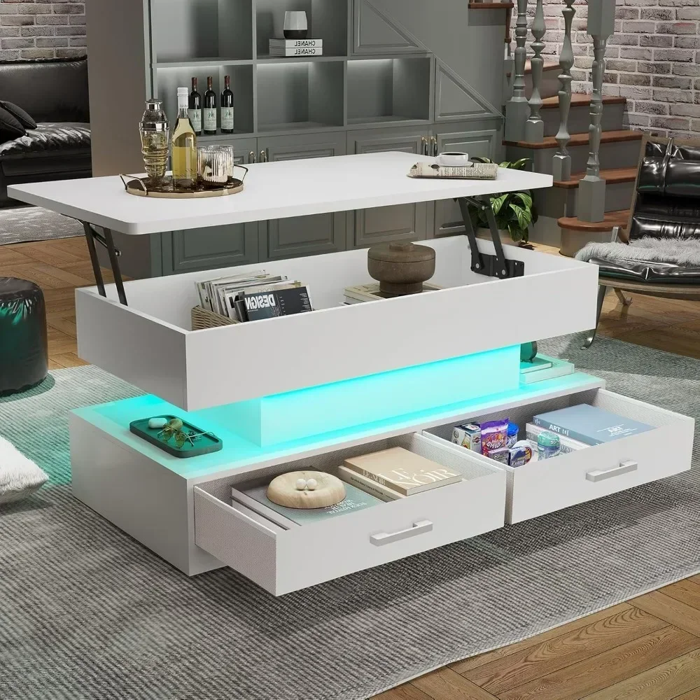 Minimalist Fashion Lift Top Small Coffee Table, Coffee Tables w/ Storage ,Fabric Drawers & LED Light