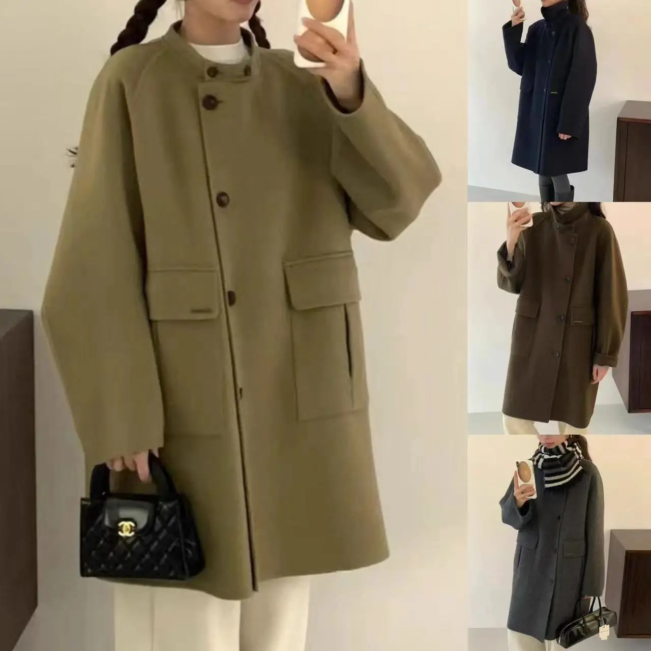 

Высококачественное съемное шерстяное пальто Egg2025 Зимняя свободная утягивающая верхняя одежда Long Sve средней длины для поездок на работу Другой материал