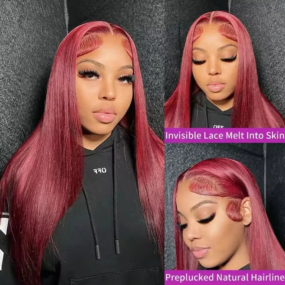 38 Inch 99j Burgundy Lace Front Human Hair Wig 13x6 Bone Straight Hd Lace Frontal Wig 180 Density Colored Pre Plucked Lace Wig image 5