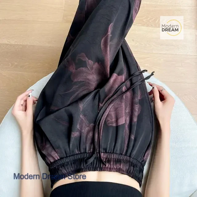 الكورية نمط الرجعية طلاء حبر التعادل مصبوغ واسعة الساق السراويل النسائية الصيف رقيقة رقيقة مطبوعة الساتان عارضة مهرج السراويل المستقيمة.