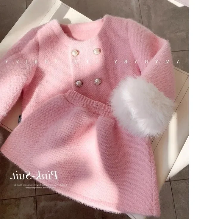 Girls Set Korean Style Solid Color Fashion Clip Cotton Plush Fashion Warm Coat Cute Skirt 2023 New Winter Clothing