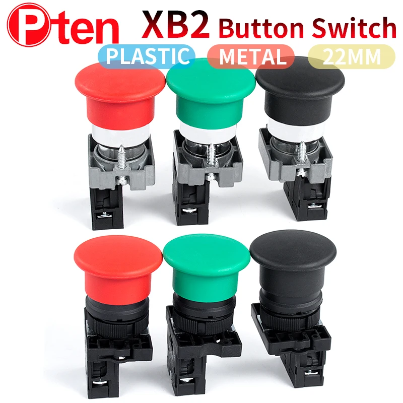 XB2 Button switch self reset Mushroom head 22mm start 1NO NC Momentary Push Button Switch Metal green red black Metal plastic