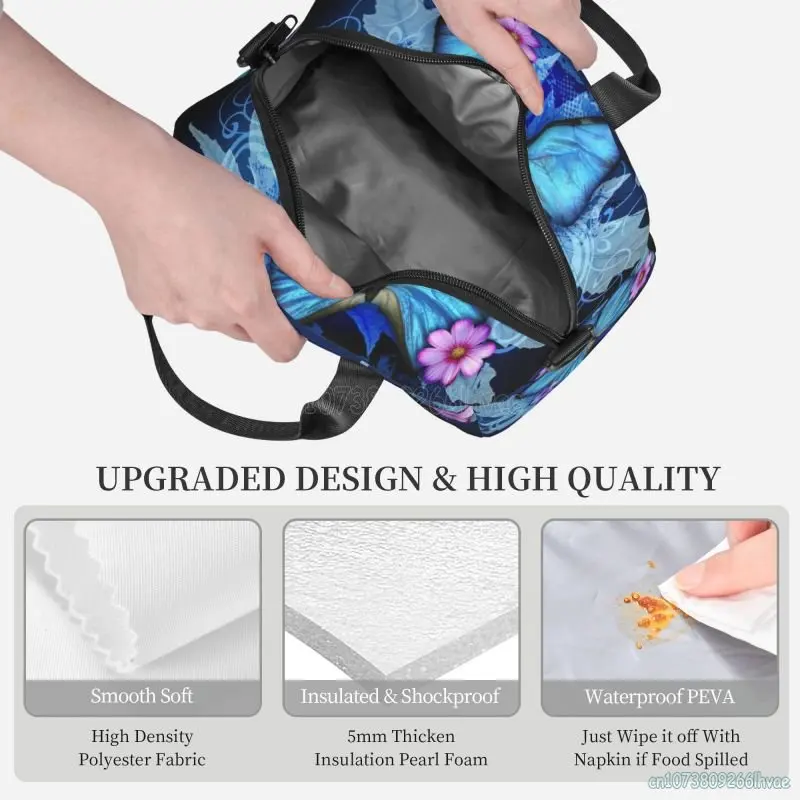 Blue Beautiful Butterfly Art Lunch Bags for Women Insulated Lunch Box Portable Thermal Lunch Container Multifunction Food Box