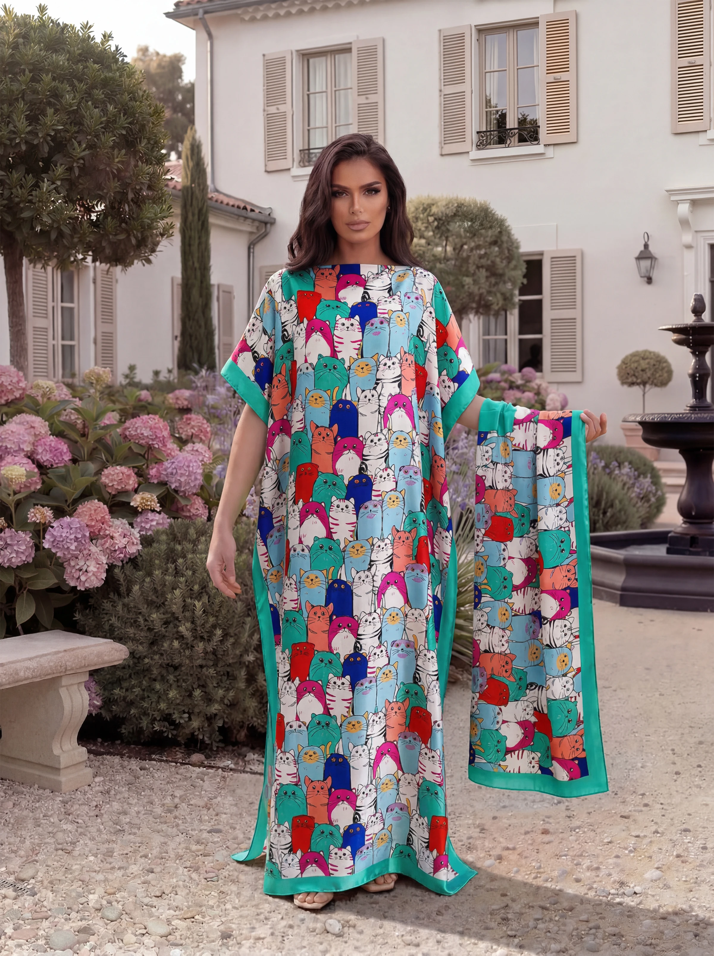 Cute Cartoon Cat Print Satin Abaya with Scarf, Loose Long Kaftan Robe, Summer Beach Vacation Outfit for African Muslim Women