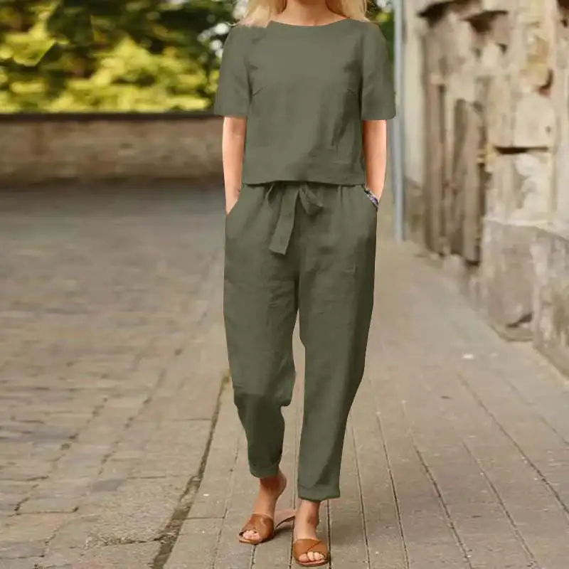 Women\'s Cotton Linen Suit Summer Matching Suit Half-sleeved Round Neck Tie Elastic Waist Trousers Wide-leg Pants Retro Suit 2024