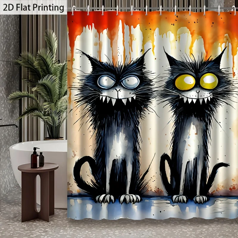 2D Flat, 2D Flat, 1pc with Hook, Playful Black Cat Artistic Ink Splatter Pattern, 2D Flat Shower Curtain, Machine Washable, High