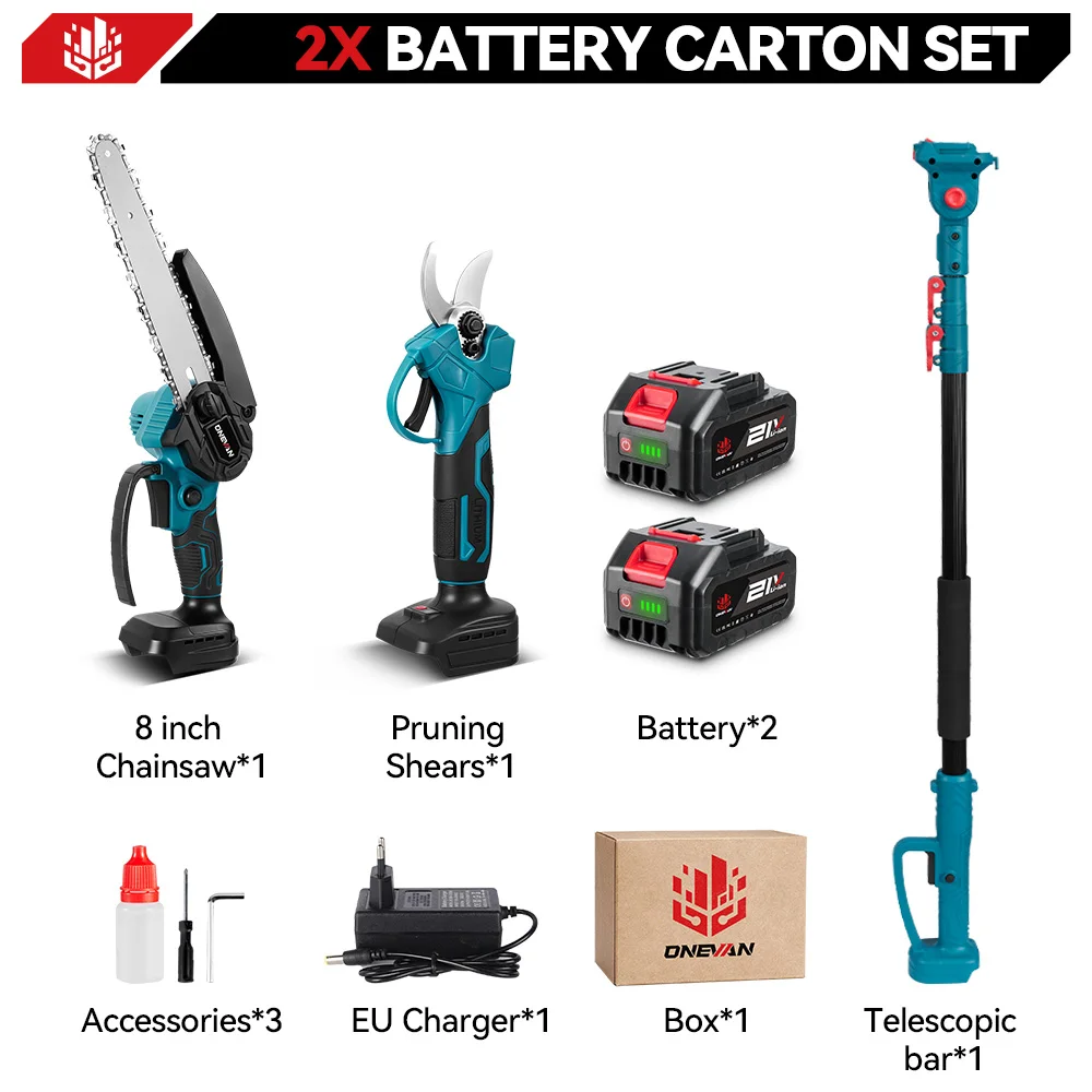 ONEVAN Borstelloze Telescopische Elektrische Kettingzaag 8 inch 6 inch 30mm Snoeischaar 4-in-1 Tuingereedschap Voor Makita 18V Accu