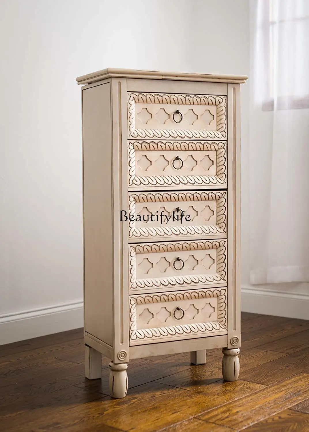 Retro beige jewelry storage cabinet floor-to-ceiling engraved European-style chest of drawers with mirror