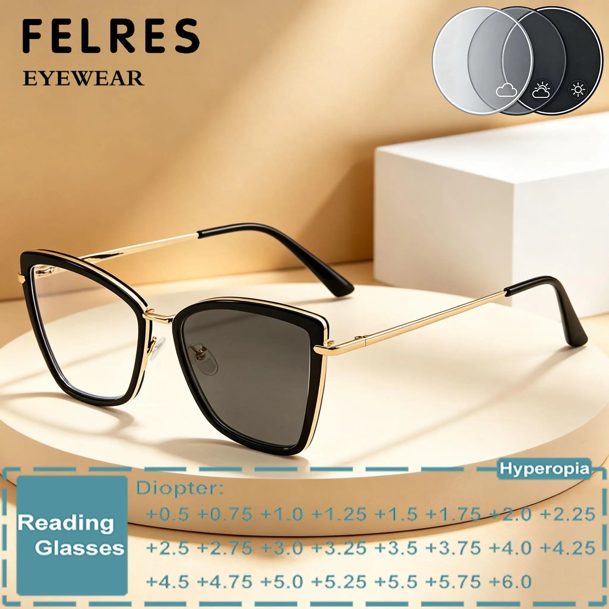

Luxury Women Cat Eye Alloy Photochromic Reading Glasses Lady Fashion Color Changing Presbyopic Eyewear Custom Prescription Lens