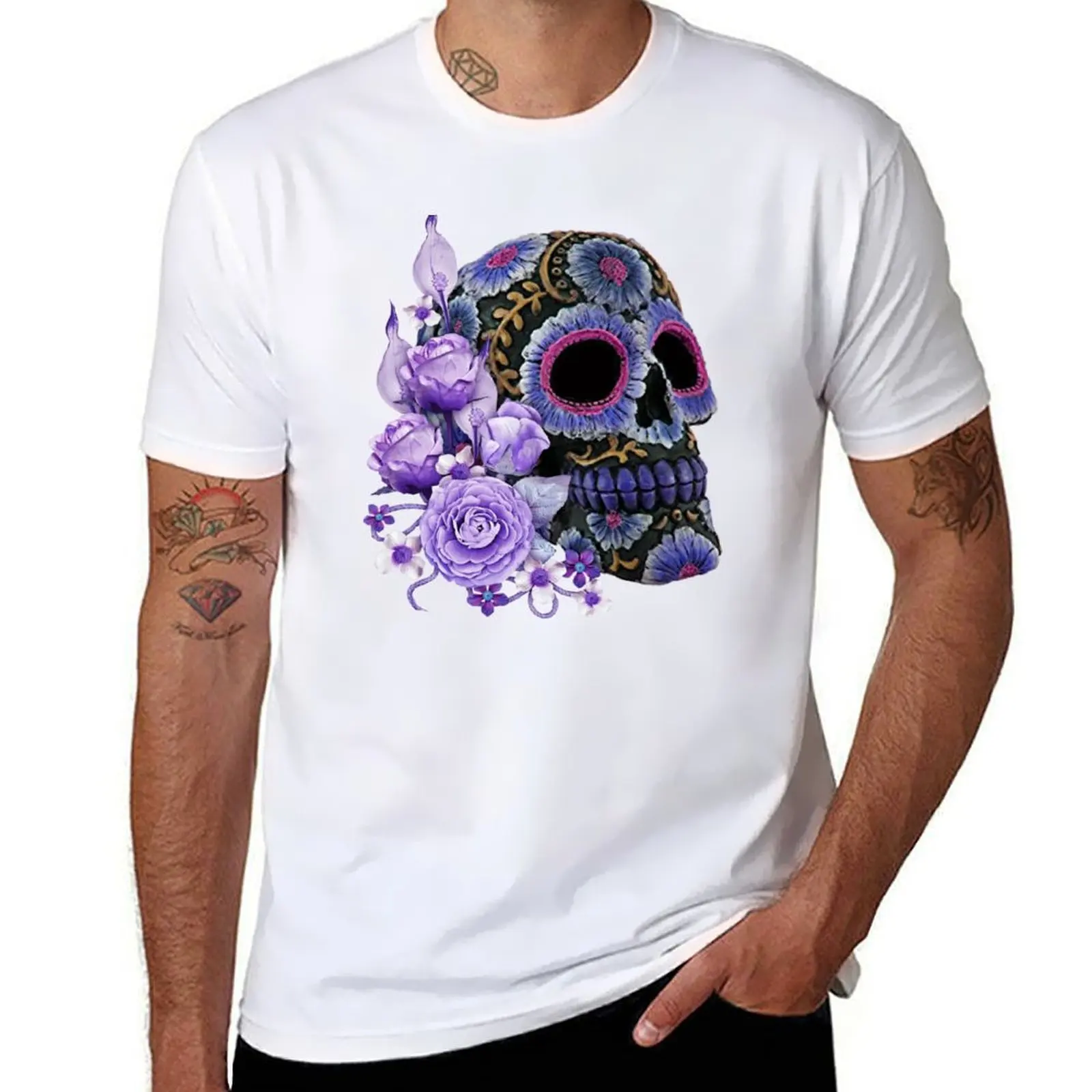 

Purple Floral Black Sugar Skull Day Of The Dead T-Shirt funny t shirts cotton black cotton t-shirt plain for man package T-Shirt
