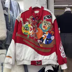 Jaqueta bomber bordada de desenho animado, harajuku, hip hop, maré, uniforme de beisebol, outono inverno, casaco quente, masculino, feminino, motocicleta