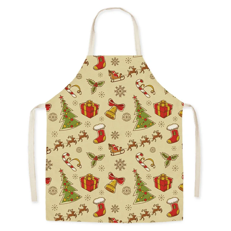 Christmas Deer Print Cleaning Apron Cotton Linen Adult Bib Coffee  Home Cooking Santa Kitchen