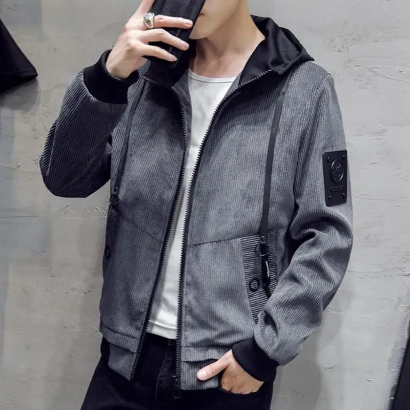 

Men's Casual Hooded Zipper Jacket With Patch Design Slim Fit Spring Autumn Wear