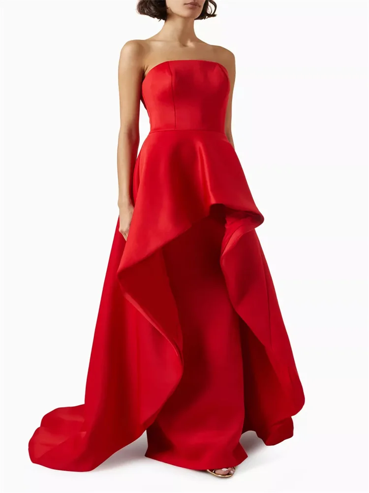 

Hot Selling Strapless Neckline Sleeveless Satin Evening Dress Sexy Open Back Zipper Floor Length Sweep Train Gown For Women 2024