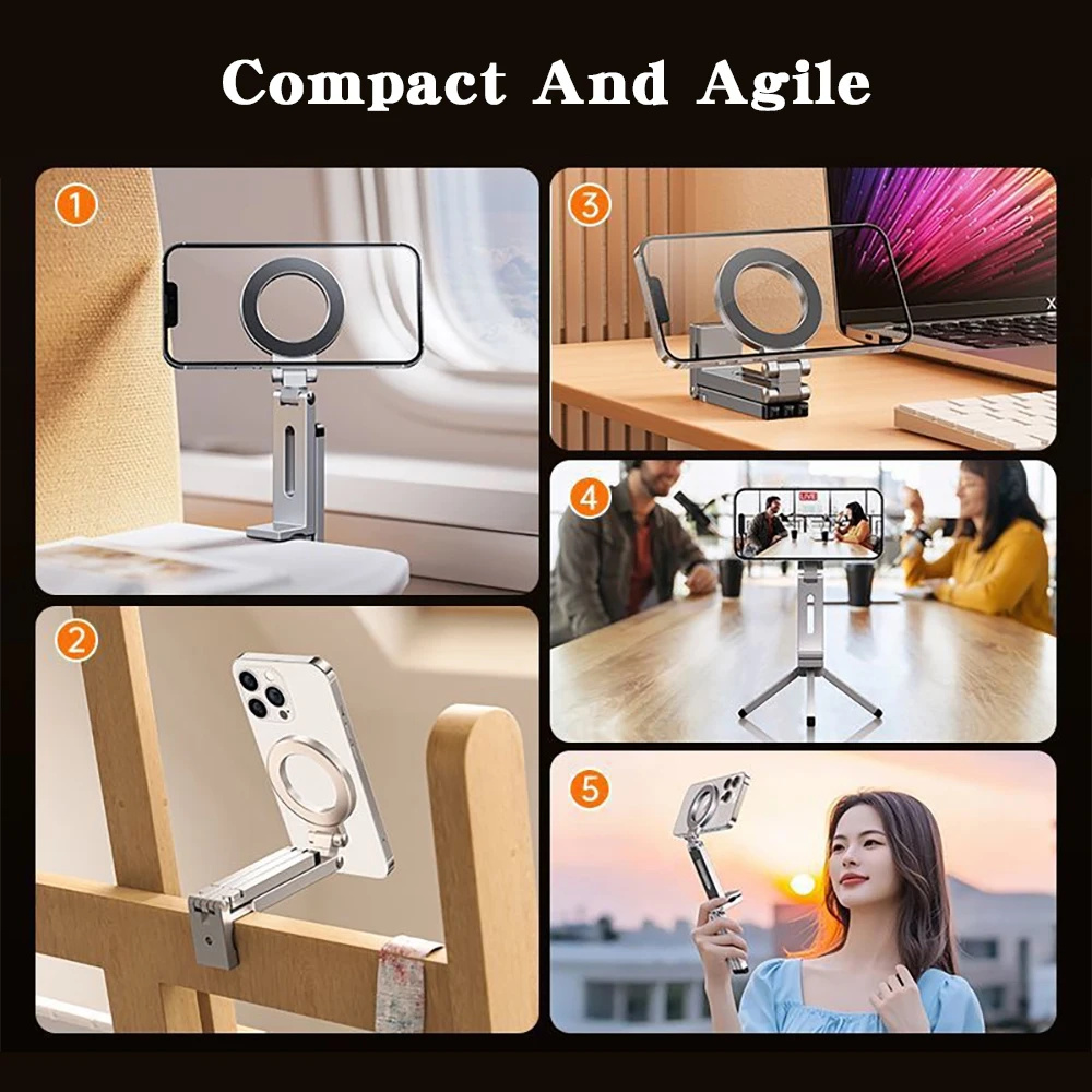 360° Rotating Portable Magnetic Foldable Tripod Phone Stand Mini Metal For MagSafe Holder With Extra Magnetic Ring Sheet - Image 6