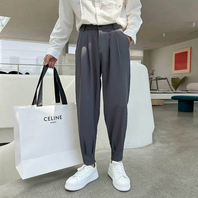 

New Fashion Spring Summer Pants Men Tapered Bottom Slit Trousers Korean Style White Khaki Black Elastic Waist Casual Man