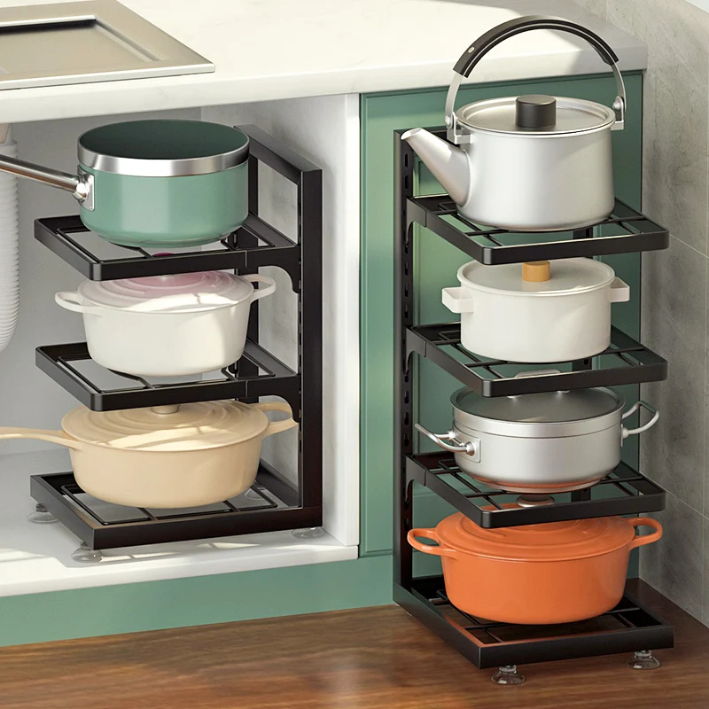 Kitchen pot rack, multi-layer shelf for pots and pans, household kitchen utensils storage rack, adjustable narrow crack,