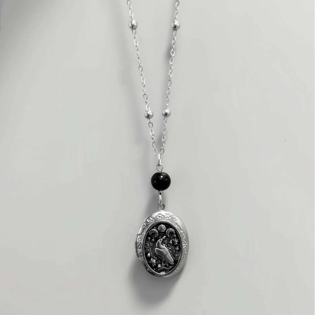 Moon Crow Necklace, Gothic jewelry, retro, openable, black beads, Witch accessory, Pagan. Mysterious, the crow Choker, For Women