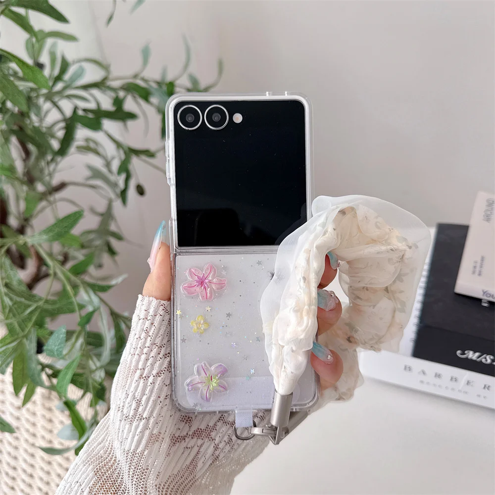 Cute Clear Glitter Color Flower Phone Case For Samsung Galaxy Z Flip7 Flip6 Flip5 Flip4 With Floral Mesh Scrunchie Wrist Strap