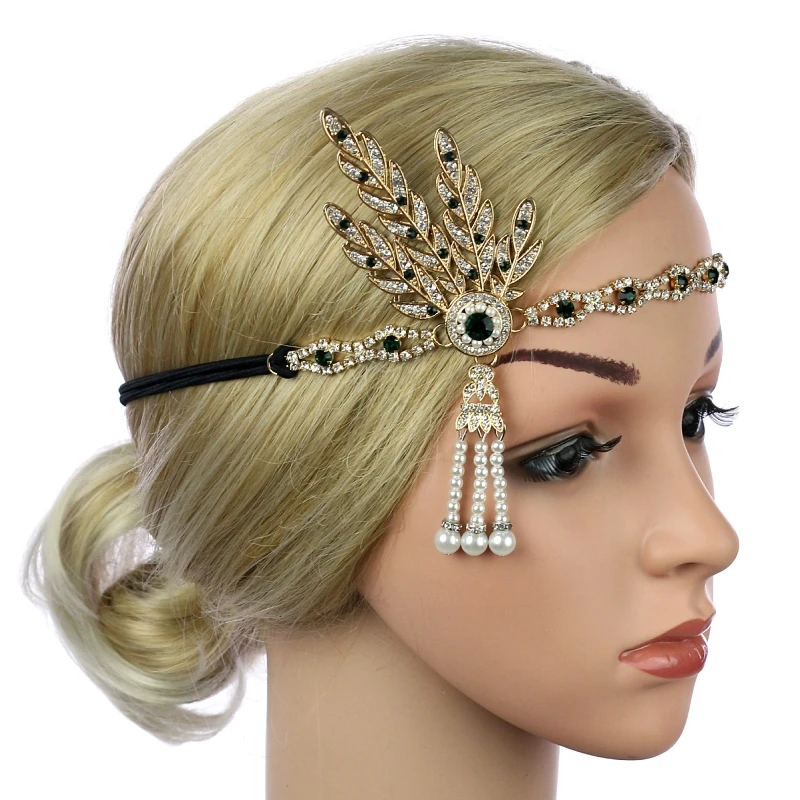 1920\'s Flapper Headband Leaf Rhinestone Headpiece Pearl Headdress Bridal Hair Accessories Head Chain for Women