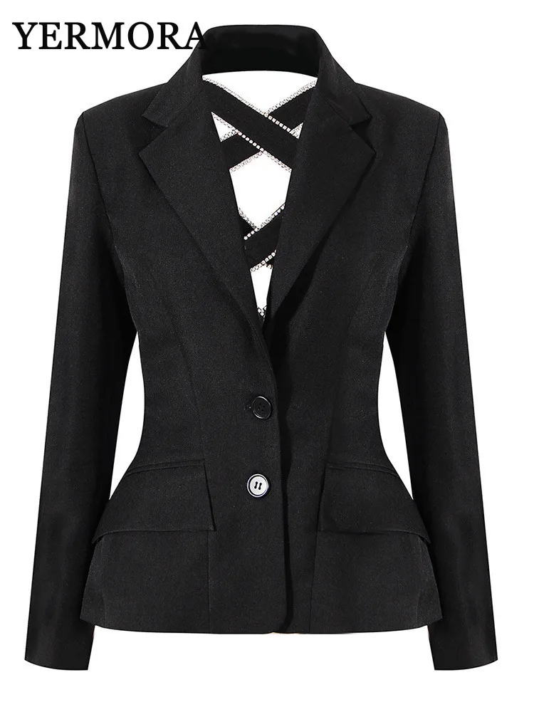 YERMORA Fiocco nero scava fuori Rhies Blazer donna nuovo risvolto manica lunga giacca ampia moda primavera autunno 2024