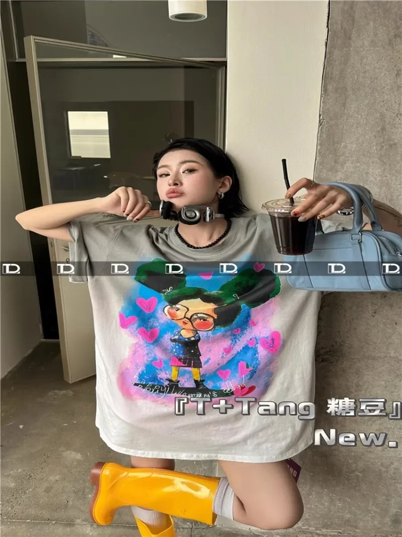 2024 Summer Loose Youthful-Looking Short-Sleeved T-shirt Women's Fashion Brand American Top Cartoon Graffiti New Kawaii Tshirts