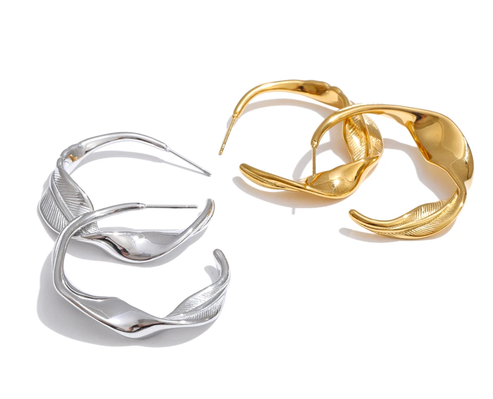 Yhpup Edelstahl-Blatt-Ohrringe mit gedrehtem Design, Wasserfest, PVD-Beschichtet, Charakteristischer Minimalistischer Schmuck im Großhandel – Detail 2