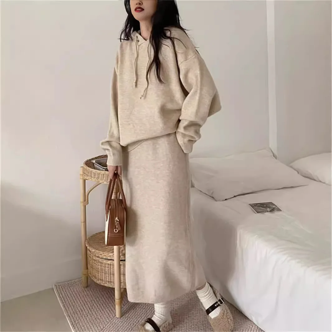 Korean Version Of The Solid Color Hooded Knit Skirt Two-Piece Set 2024 Autumn Winter New Loose Slouchy Style Sweater Set