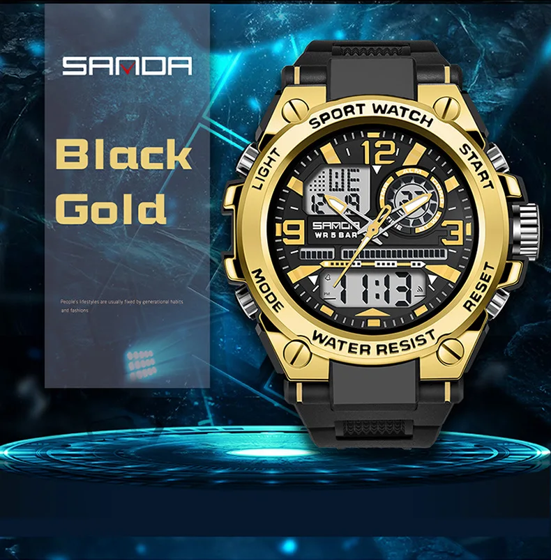 Sanda 6024 Hot Sale Led Luminous Alarm Mode Sports Men Hand Clock Quartz Digital Double Movement Cood Design Wrist Watch