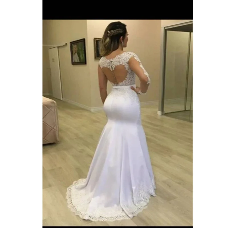 JIERUIZE Lace 2 In 1 Mermaid Wedding Dresses Long Sleeves Scoop Neck Detachable Train Puffy Tulle Appliques Bridal Gowns