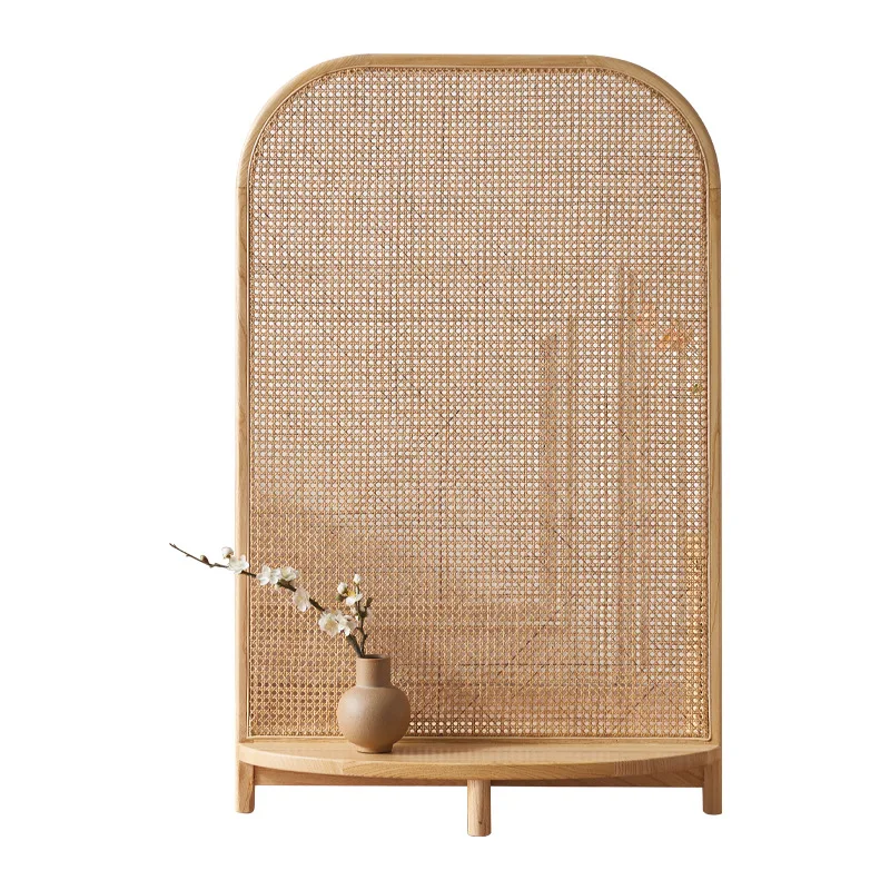 LMM retro solid wood rattan screen wabi living room mobile bedroom blocking partition seat screen