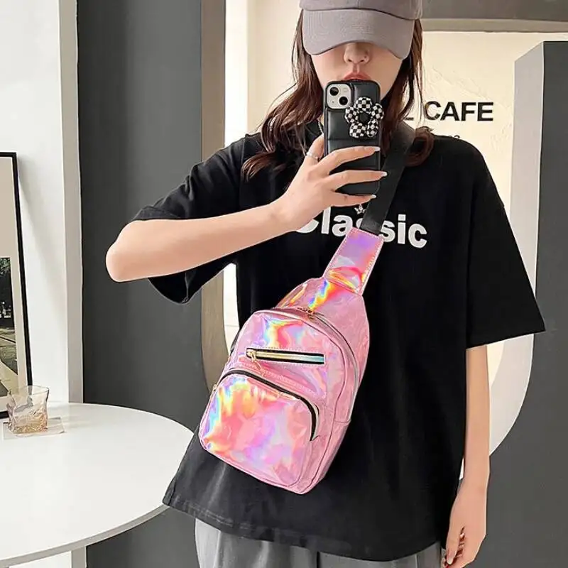 Personality Casual Crossbody Bags For Women Y2k Aesthetic Fashion Ins Punk Handbags All Match Zipper Trend Holographic Chest Bag
