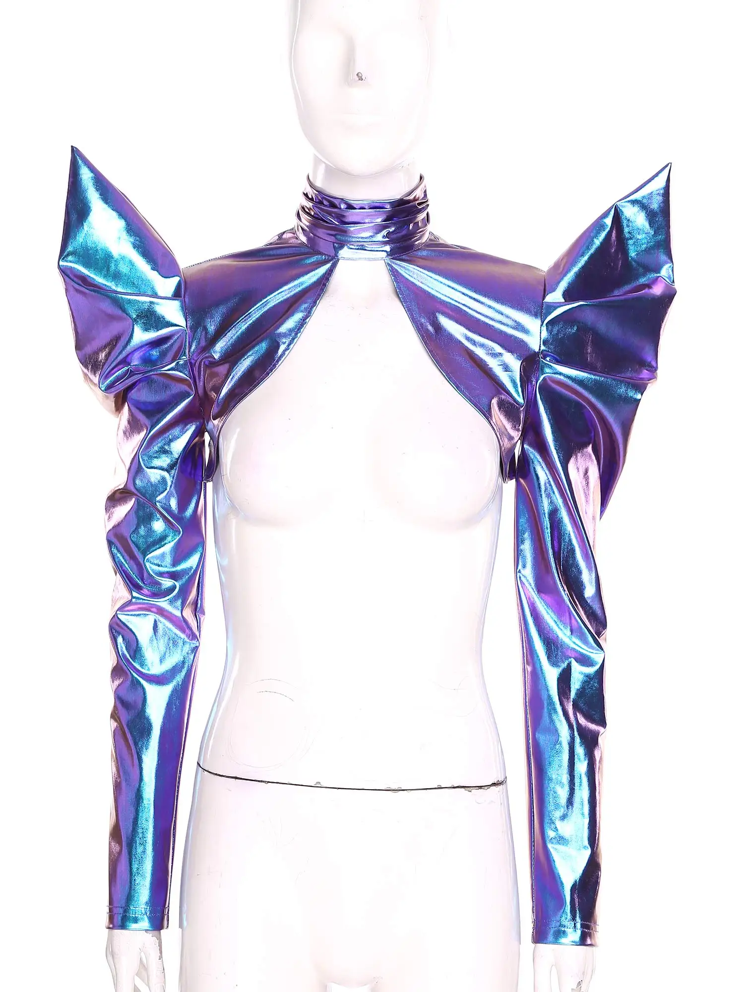 Women Metallic Futuristic Long Sleeve Shoulder Shawls Shirt Turtleneck Open Front Back Zip Cardigan for Halloween Dress-up Party