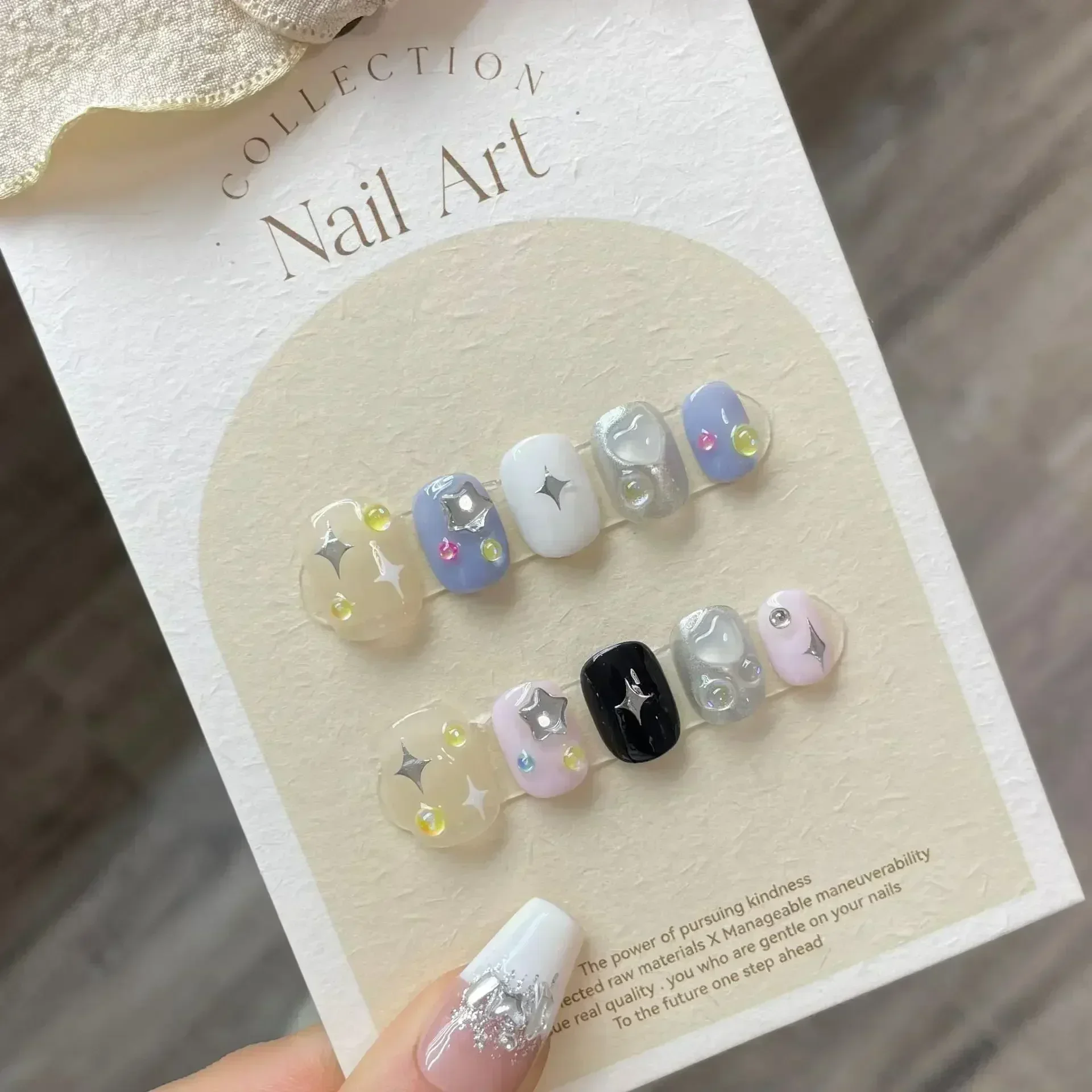 10Pcs Handmade Cute Press on Nails Short  Korean Fake Nails With 3D Star Moon Rhinestone Heart Design Artifical False Nail Tips