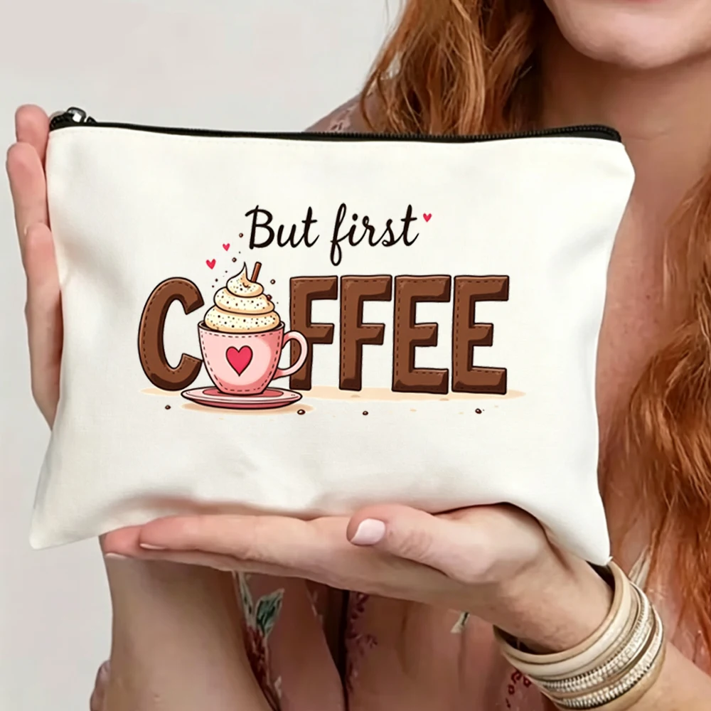 Coffee-Themed Makeup Bag with Zipper Closure - Cute Coffee Cup and Bean Design, Lightweight Soft Fabric Cosmetic Organizer, Travel Bag and Stationery Case, Perfect Gift for Women and Coffee Lovers