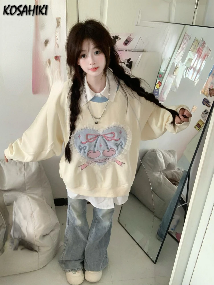 Autumn Y2k Aesthetic Preppy Style Hoodies Women Loose Lace Patchwork Embroidery Cherry Cute Pullovers Grunge Casual Sweatshirts