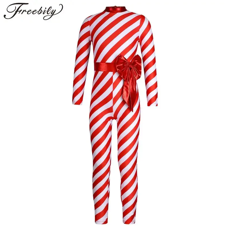 

Kids Girls Christmas Dance Costume Candy Cane Striped Santa Dance Bodysuit Jumpsuit Gymnastics Leotard Performance Dancewear