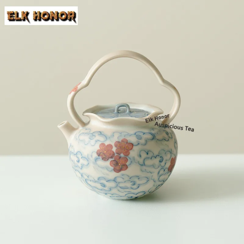 180ml Hand-painted Plum Blossom Lifting Handle Teapot Vintage Tea Infuser Pot Tea Brewing Kettle With Ball Hole Tableware Craft