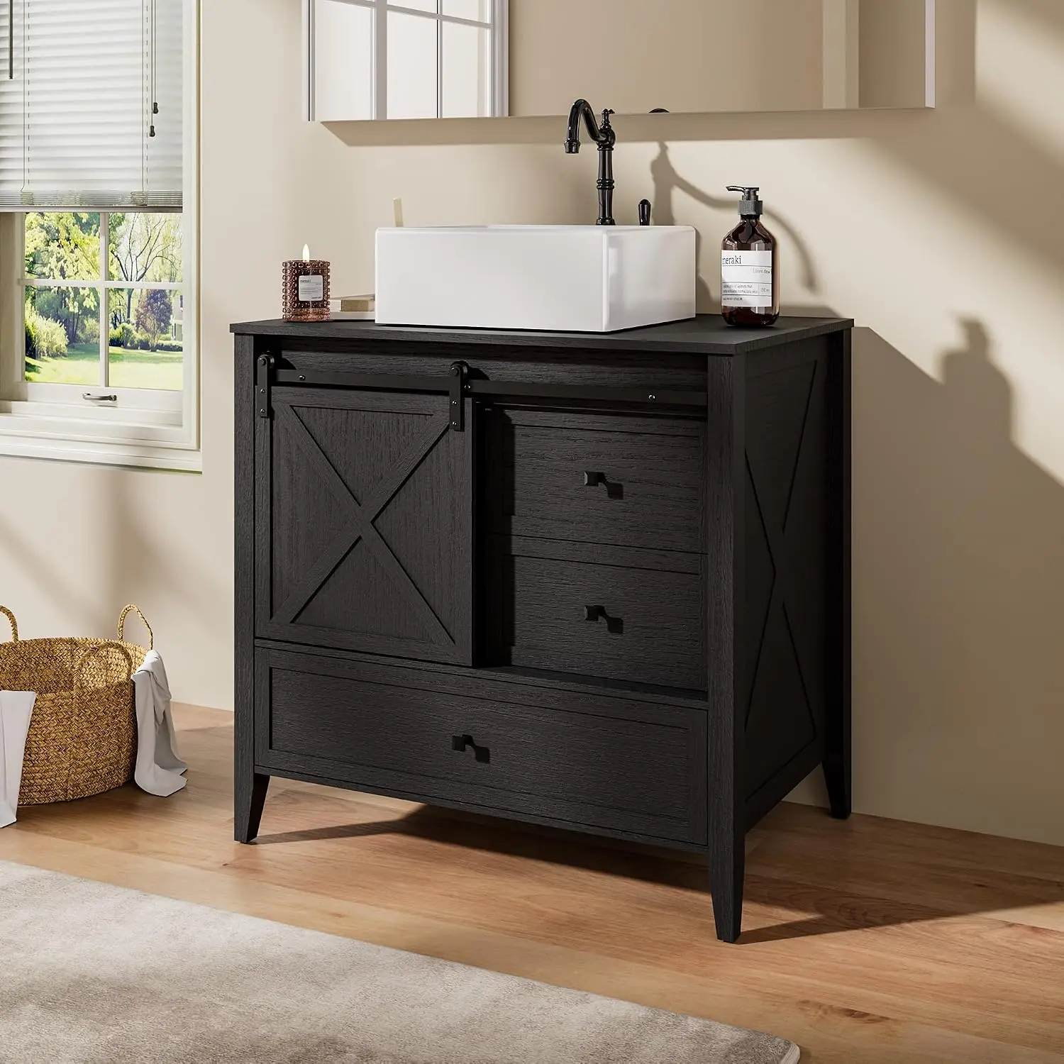 Bathroom Vanity with Sink Ceramic, Freestanding Cabinet with Farmhouse Sliding,Customized
