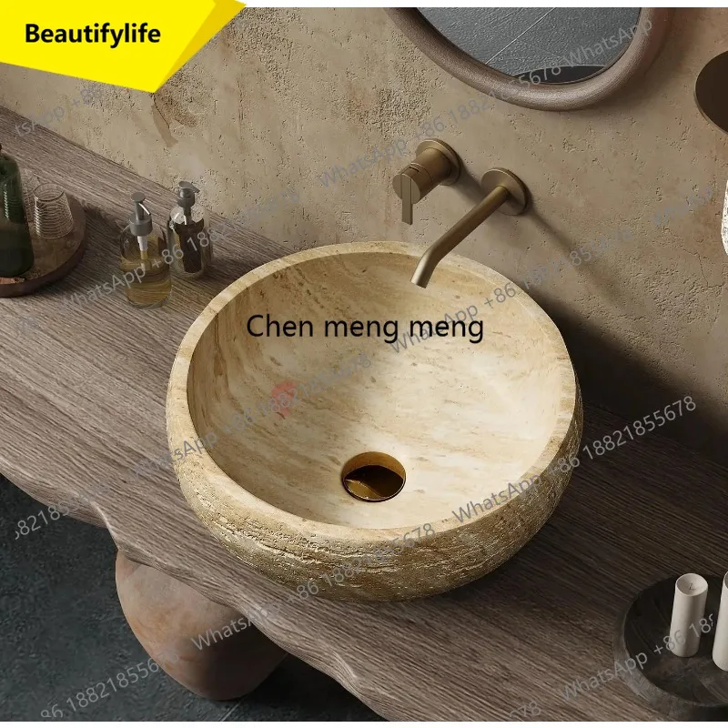 

A53 Vintage Round Travertine Vessel Sink, Beige Mid-century Modern Console Basin for Hotel Villa Bathroom, Customizable