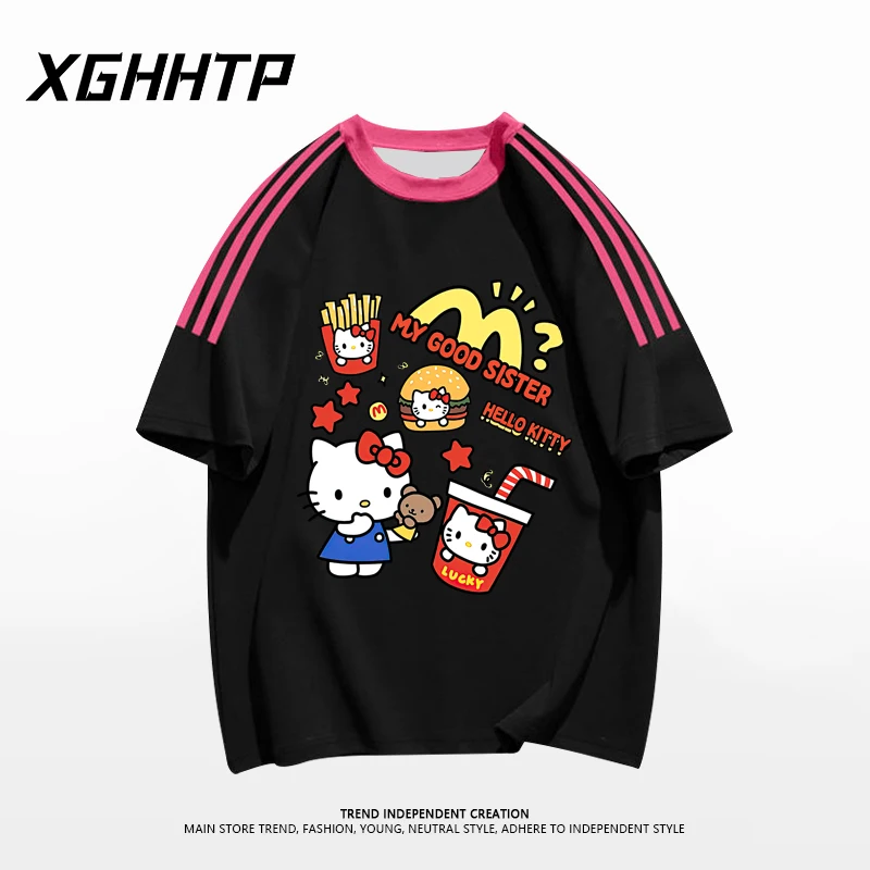 Miniso Sanrio Round Neck Raglan Short Sleeved T-Shirt For Women Loose Cute Hellokitty Printed Fashionable Casual Sports Shirt