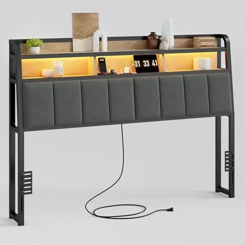 Ergonomic Headboard for Queen Size Bed with 2-Tier Storage, Upholstered Headboard with Outlets, USB Ports, LED Light
