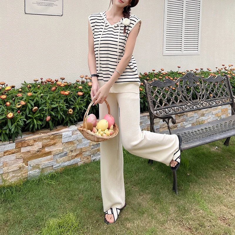 Hooded Drawstring Striped Top Sleeveless Vest Knit 2-Pieces Set Wide Leg Pant Long Solid Trouser Women Clothing Casual Summer