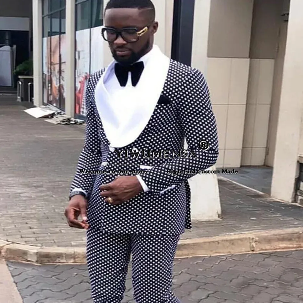 

Африканские классические костюмы в горошек, мужской двубортный пиджак с шалью и лацканами, приталенный свадебный смокинг жениха, комплект из 2 предметов, одежда по индивидуальному заказу