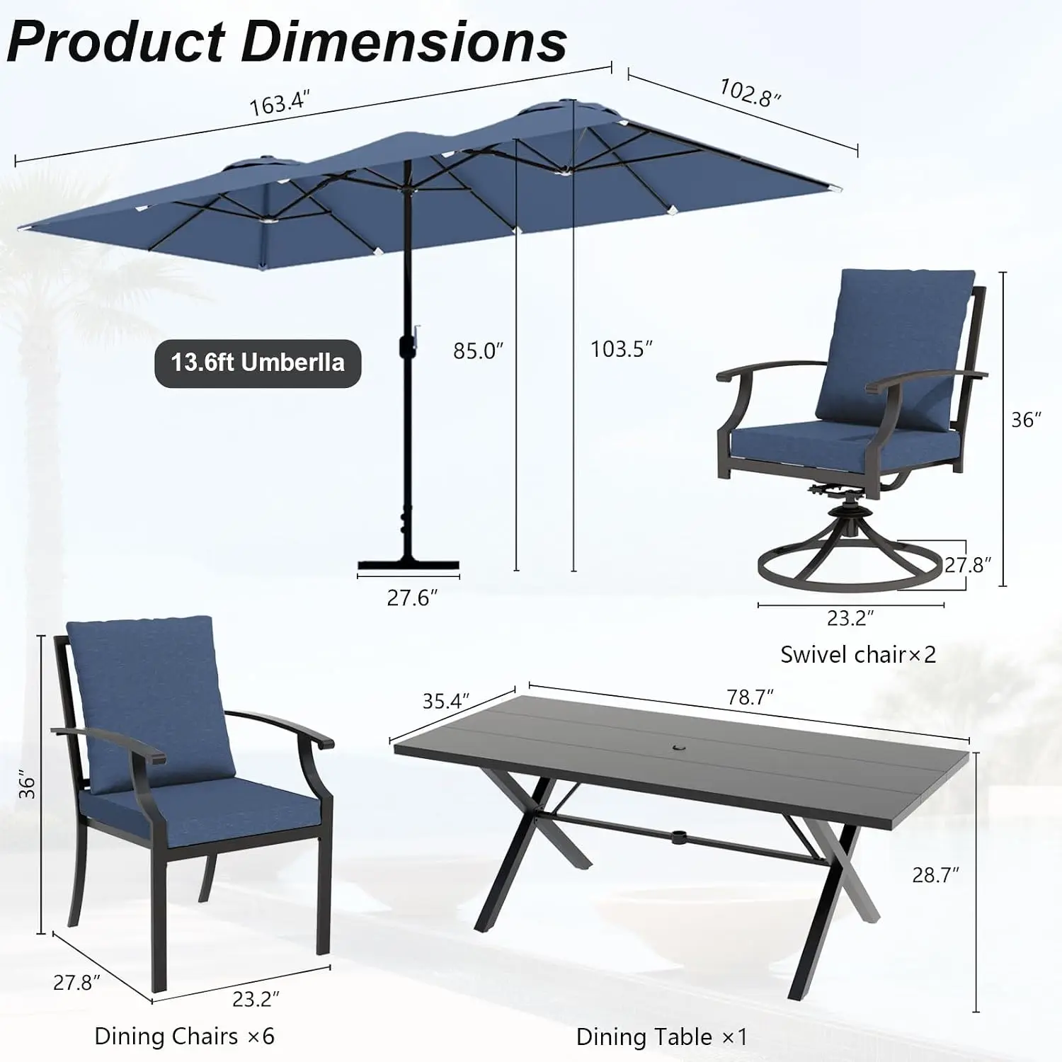 10-Piece Metal Patio Dining Set for 8 with Swivel Chairs, Cushions & Umbrella for Lawn Garden Yard, Customized